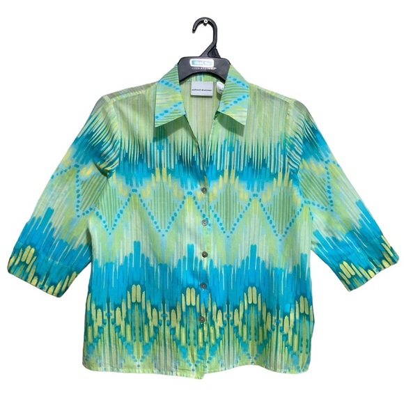 Alfred Dunner Button-Up Blouse Women Size 10 Blue Green 3/4 Sleeve Gathered Back - Picture 1 of 9